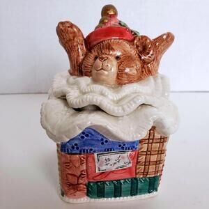 VTG Fitz & Floyd Teddy Bear Trinket Box Christmas Quilt Lacey Edge FF 1992 4.25"
